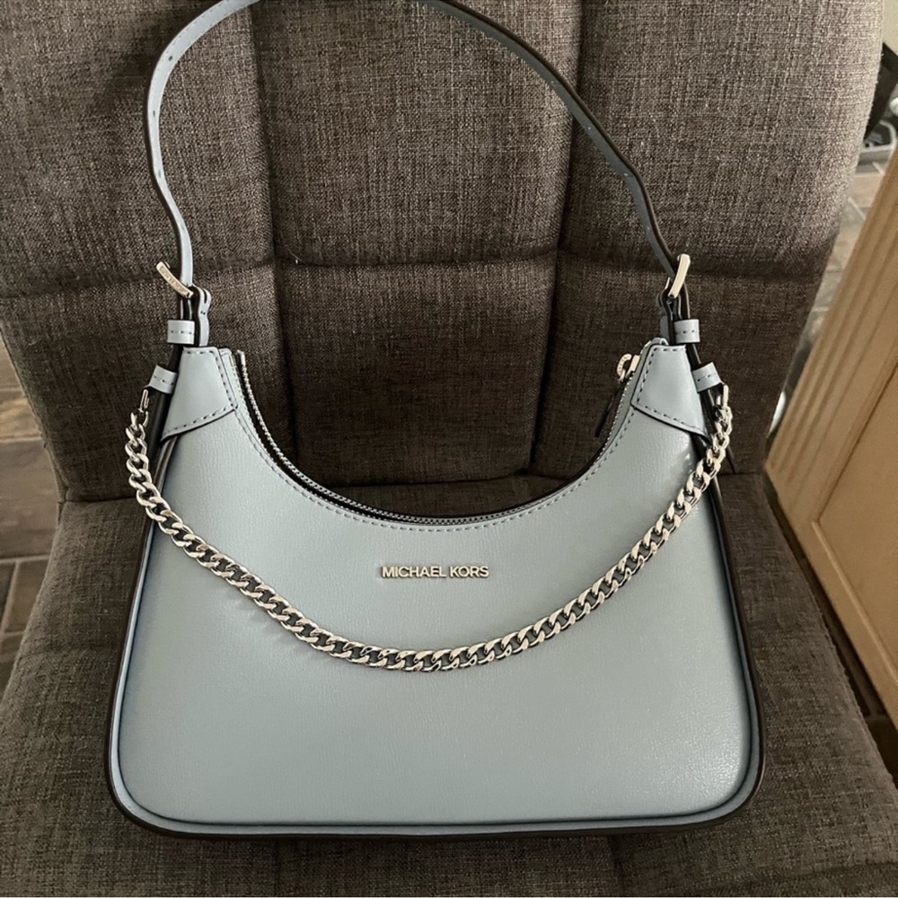 Sky blue Leather Shoulder Bag with Silver Chain Detail